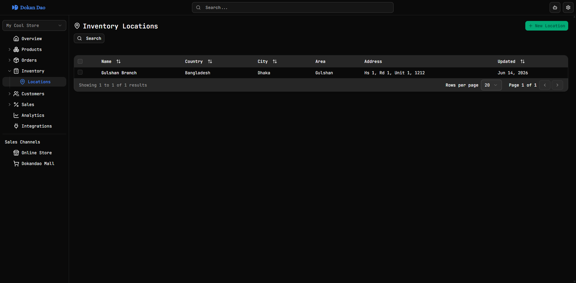 Dokandao inventory view with location switcher and stock table
