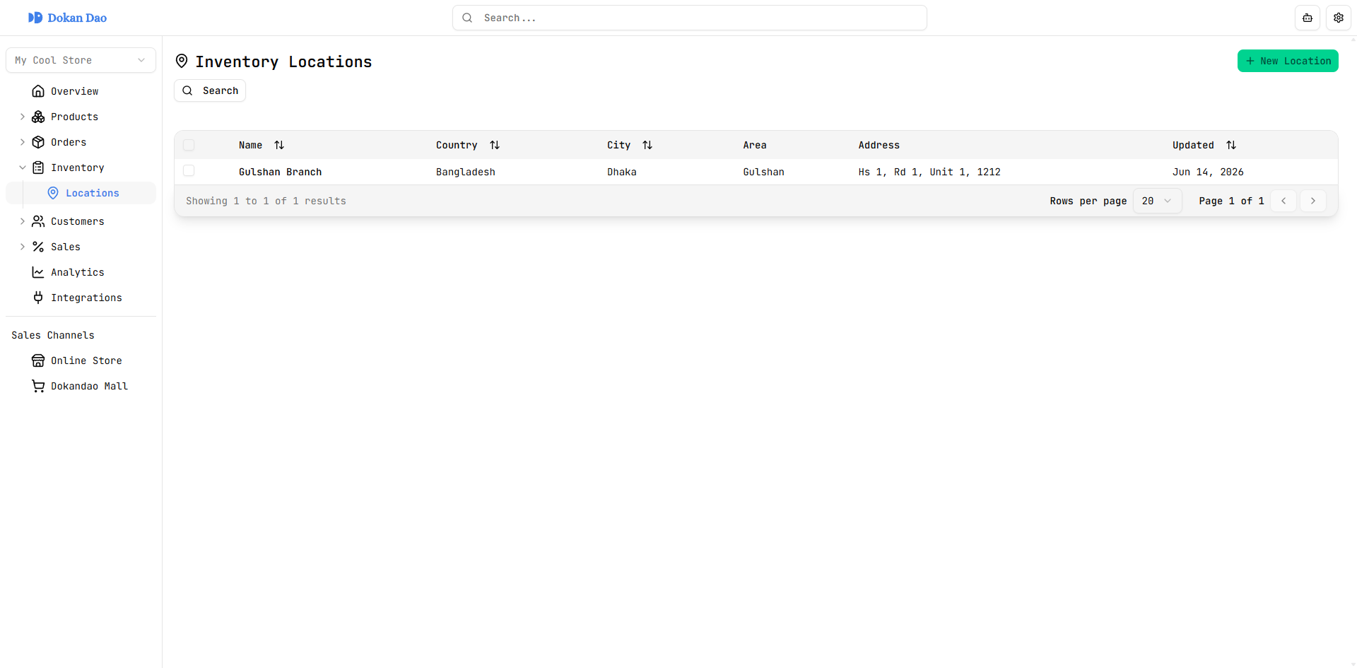 Dokandao inventory view with location switcher and stock table